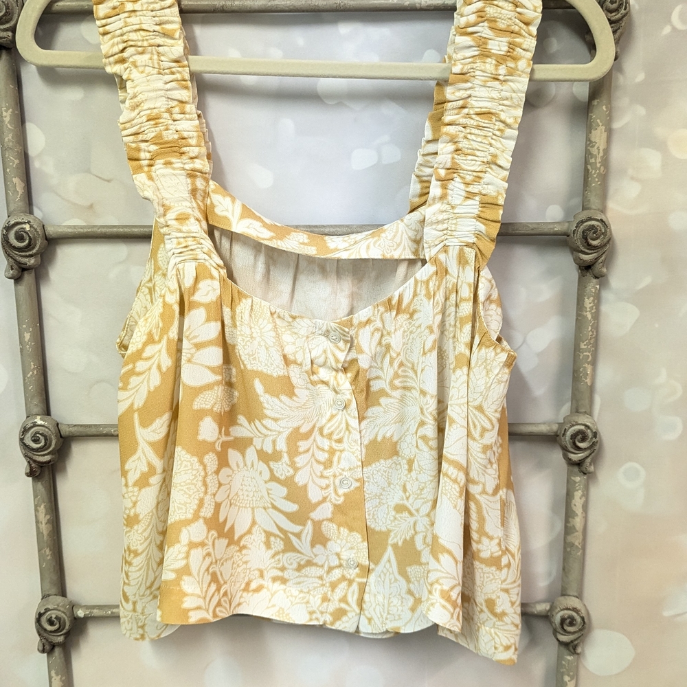 Monte Crop Top, Button Down Front. Cream and Gold Ruched Crop Tank Top